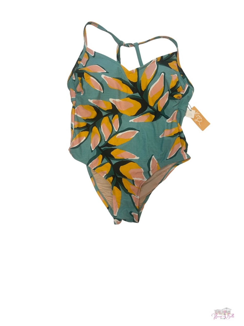 NWT Kona Sol Plus Size 14W Teal Floral V-Neck One Piece Swimsuit Tropical